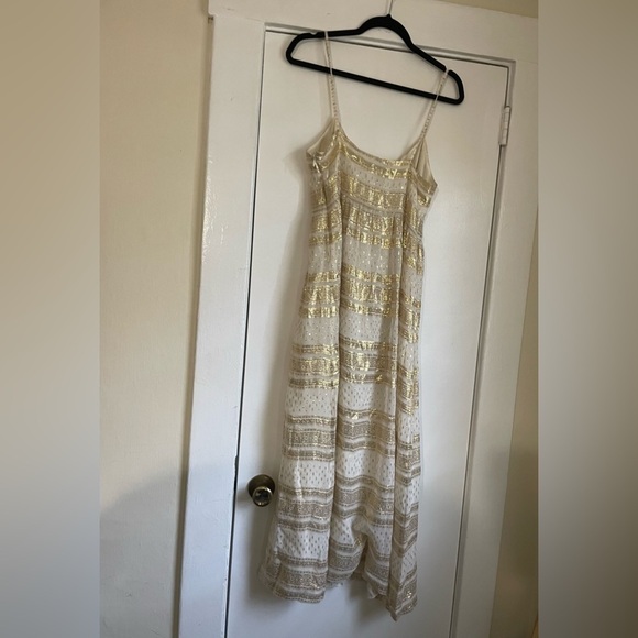 What Comes Around Goes Around White and Gold Silk Maxi Dress Size Medium - Picture 3 of 7